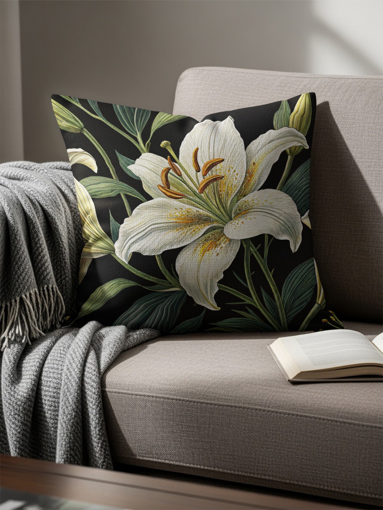 Elegant White Lily Design Throw Pillow for Home Decor