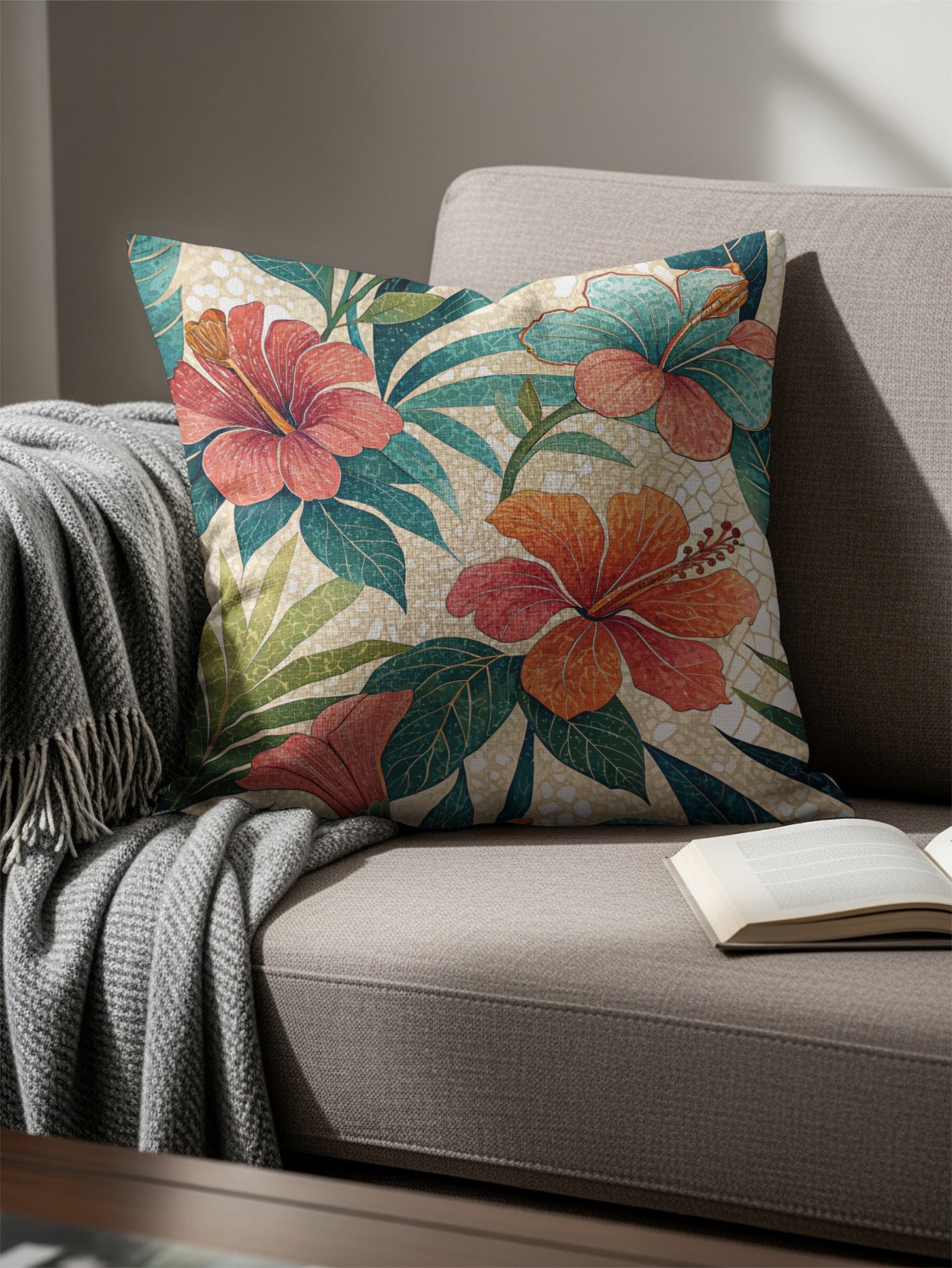 Colorful Tropical Hibiscus Floral Pattern Throw Pillow