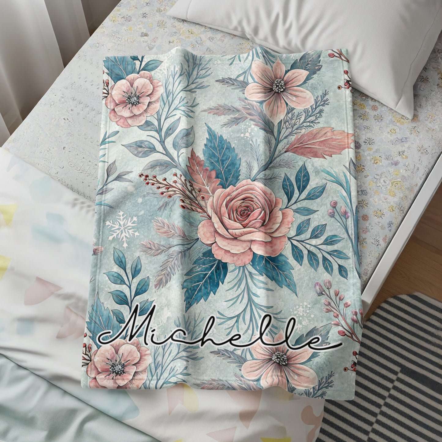 Personalized Floral Design Blanket with Script Name Michelle
