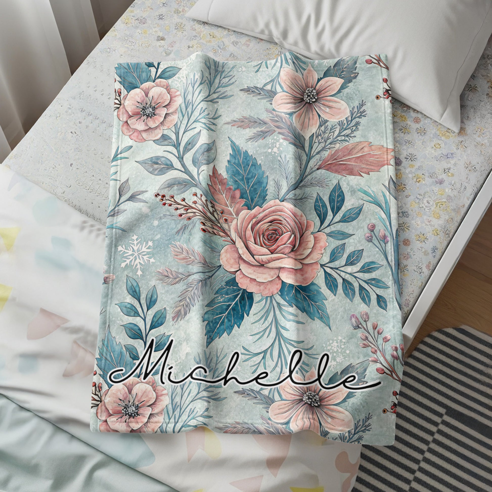 Personalized Floral Design Blanket with Script Name Michelle
