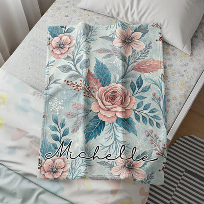 Personalized Floral Design Blanket with Script Name Michelle