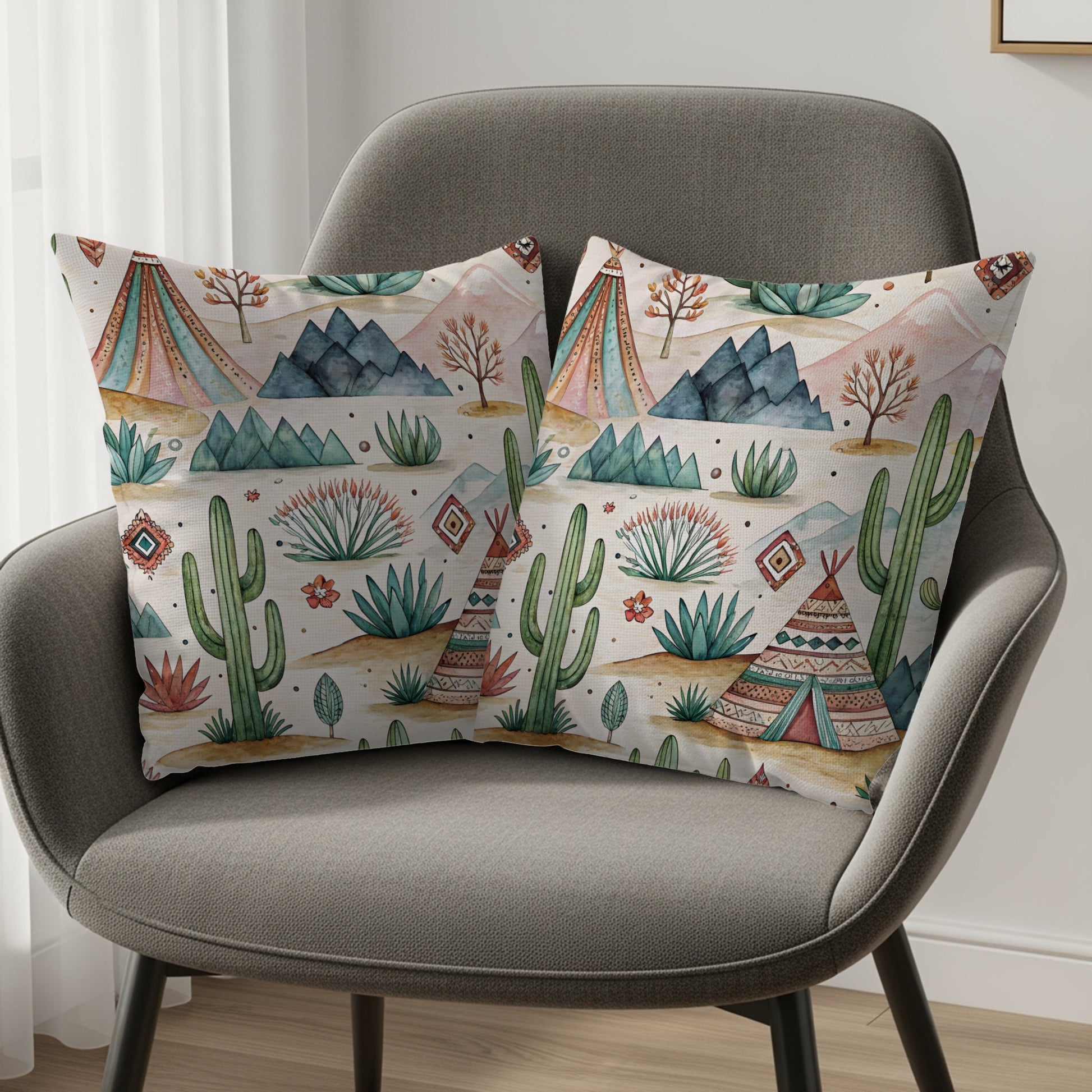 Southwestern Cactus and Tent Design Throw Pillow Set