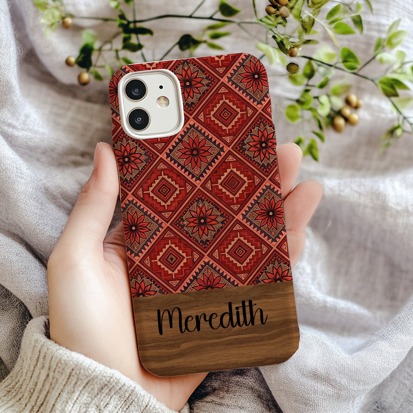 Floral Tiles in Orange Aztec Patterns With Custom Name Custom Phone Case - Walk Greener