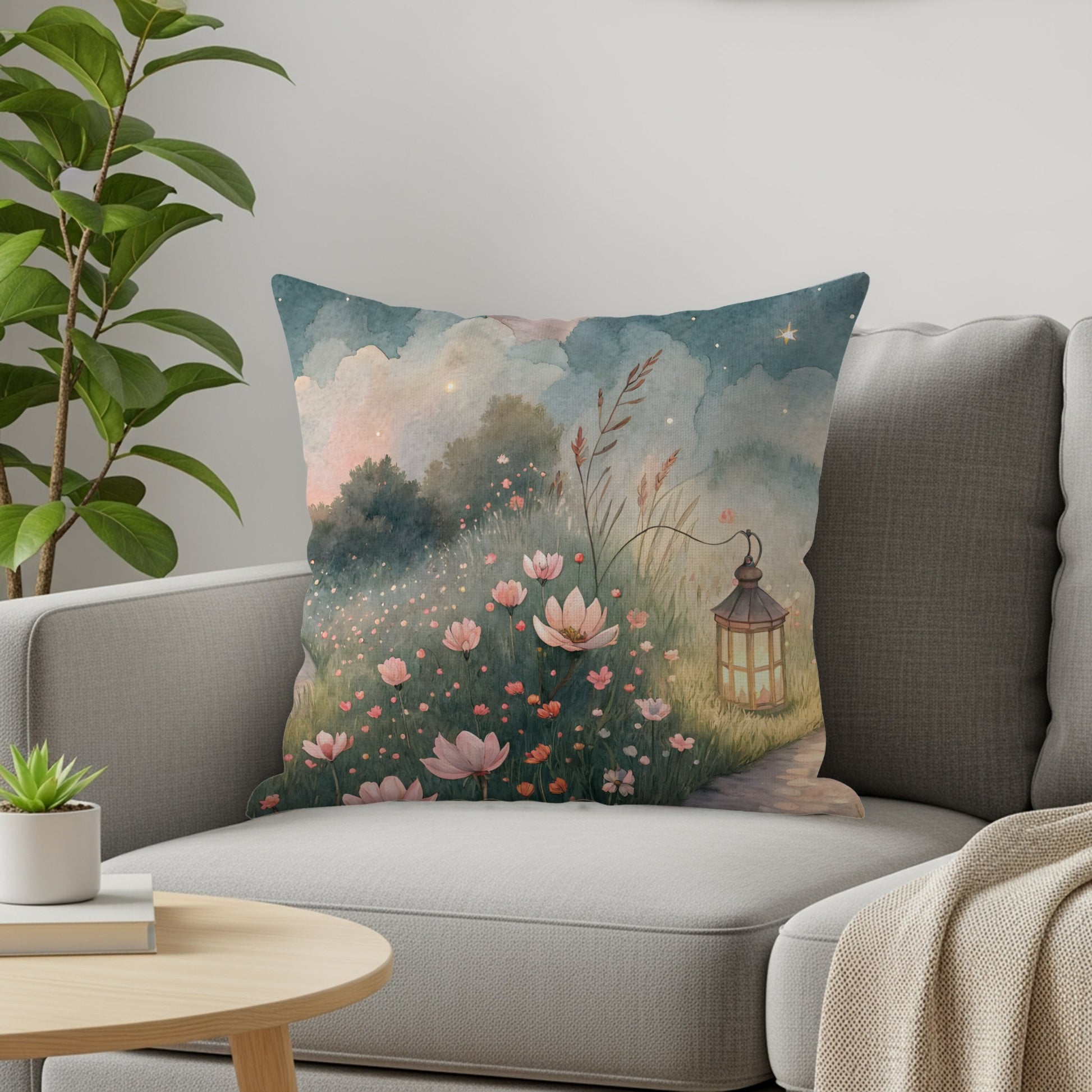 Watercolor Pathway Lantern And Flowers Artistic Design Pillows & Pillow Cases - Walk Greener