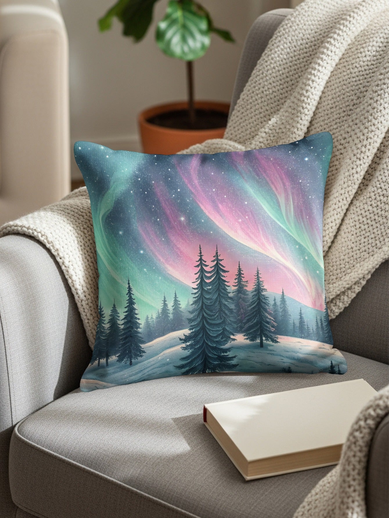 Northern Lights Winter Landscape Throw Pillow