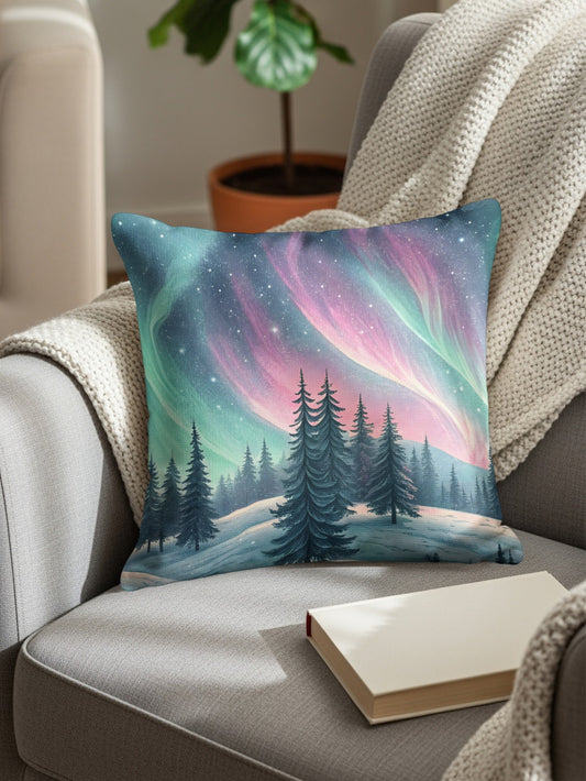 Northern Lights Winter Landscape Throw Pillow