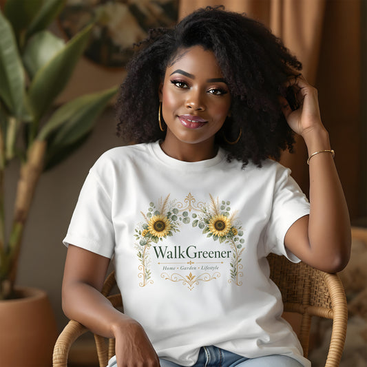 White t-shirt with "WalkGreener Home Garden Lifestyle" text and sunflower floral design.