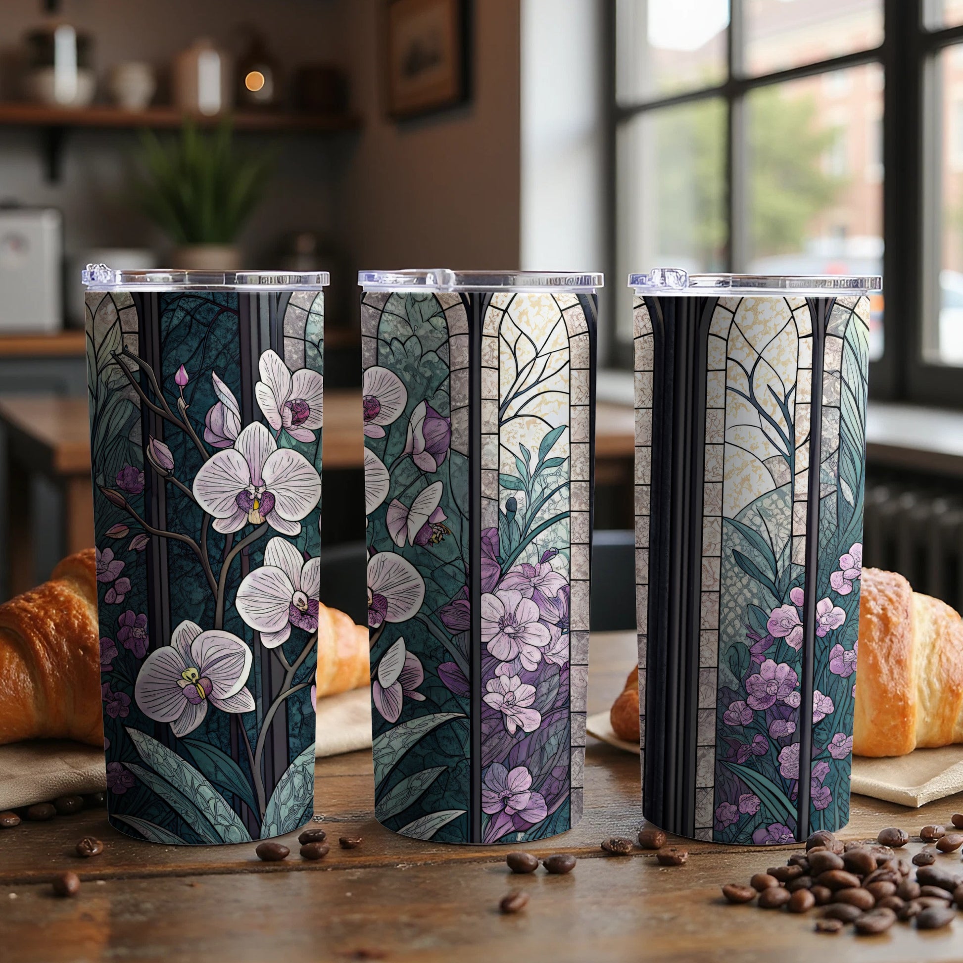 Stained Glass with Orchids and Blooms Pattern Art 20 oz Skinny Tumbler - Walk Greener