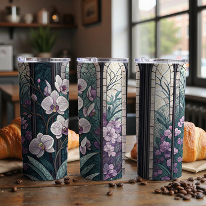 Stained Glass with Orchids and Blooms Pattern Art 20 oz Skinny Tumbler - Walk Greener