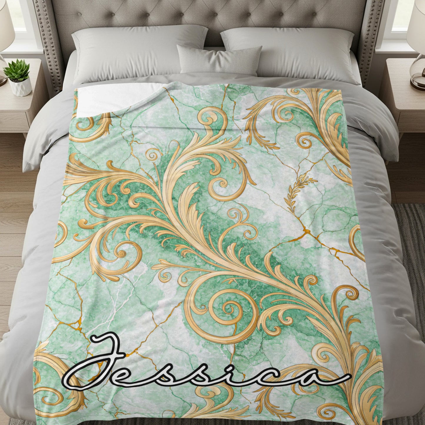 Custom Name Green and Gold Ornate Design Blanket
