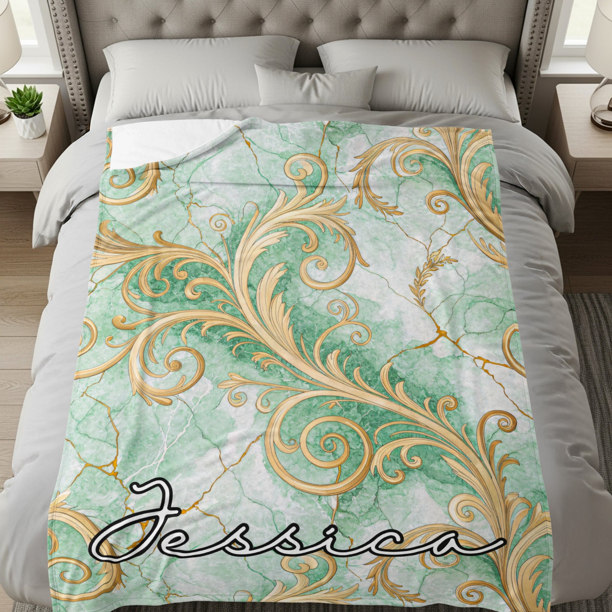 Custom Name Green and Gold Ornate Design Blanket