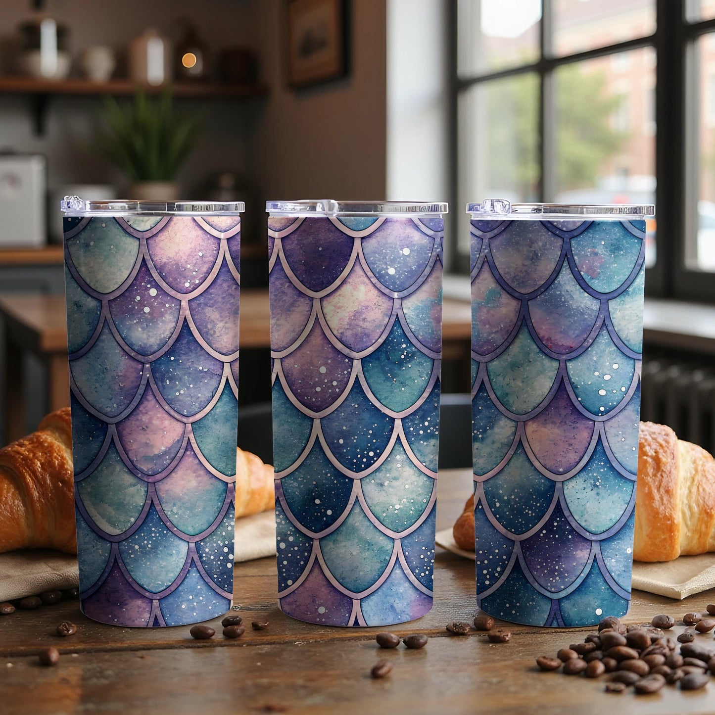Watercolor Mermaid Scales Pattern in Teal Blue Purple Tumbler - Walk Greener