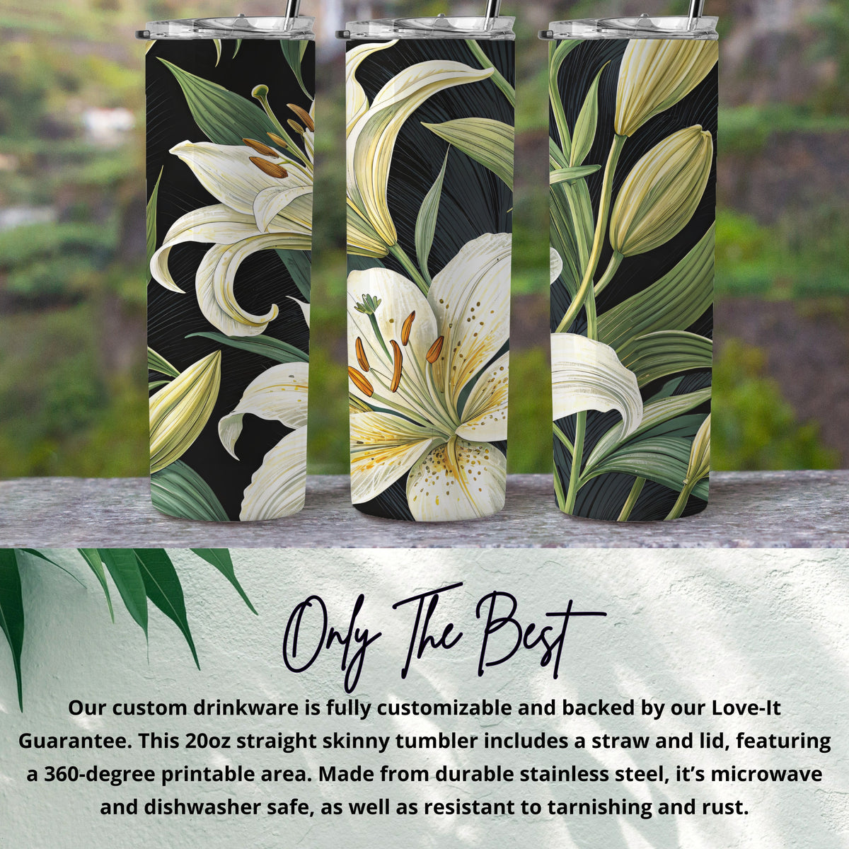 White lily floral tumbler on black background, single tumbler front view with straw and lid