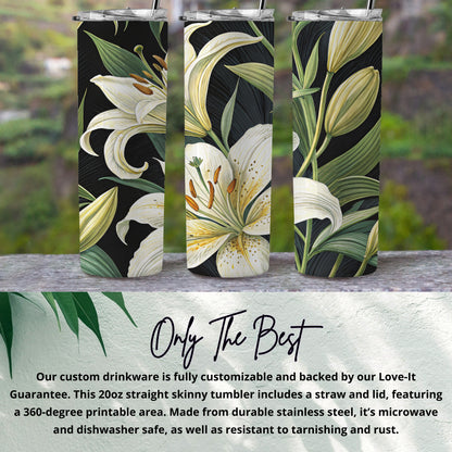 White lily floral tumbler on black background, single tumbler front view with straw and lid