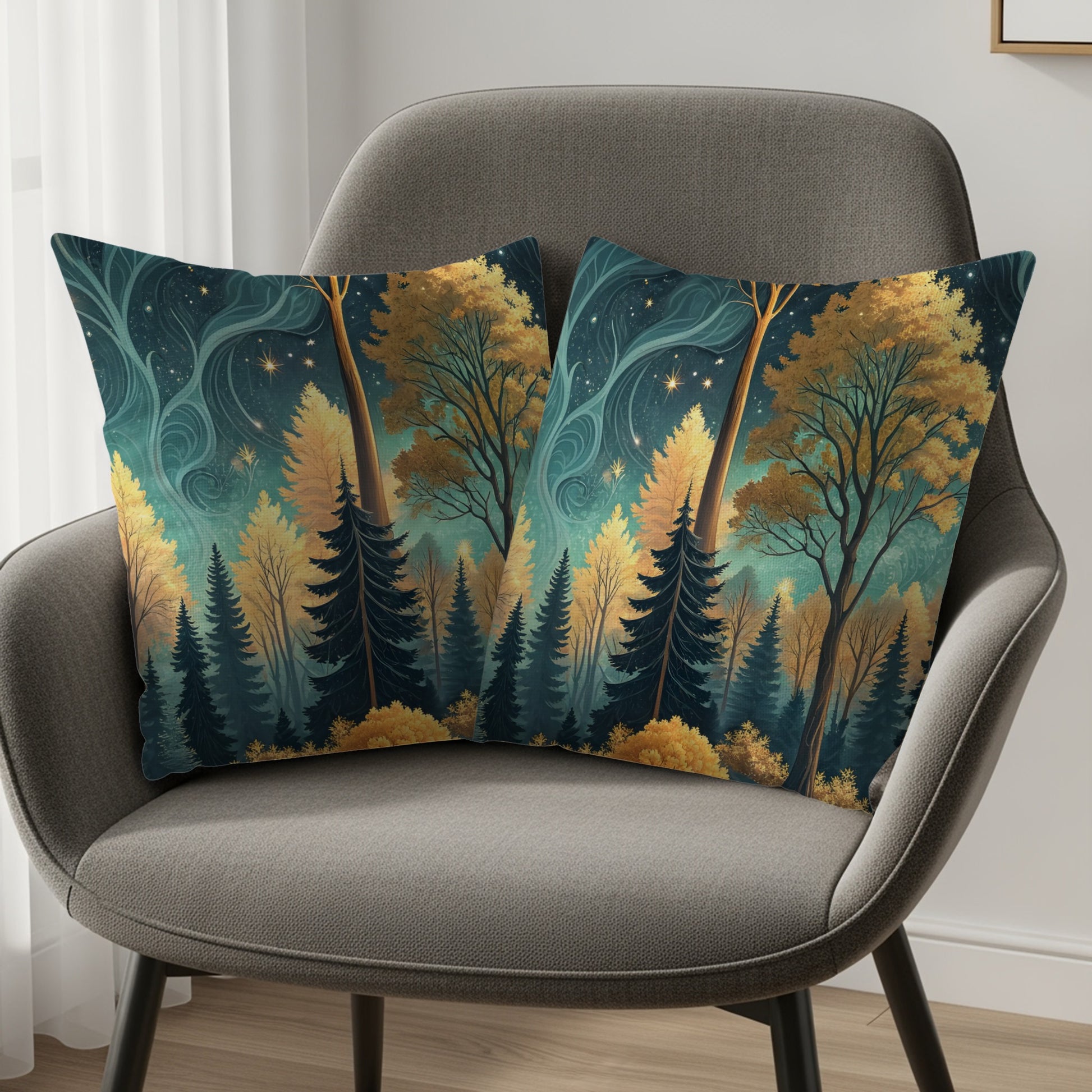 Enchanted Forest Scene on Two Decorative Throw Pillows