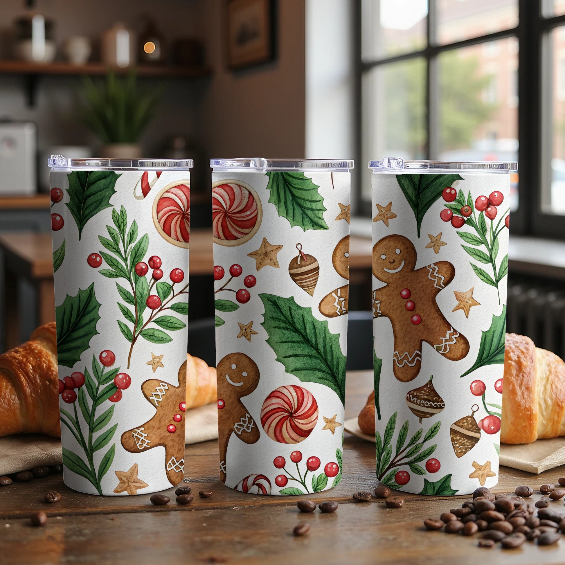 Watercolor Festive Pattern with Ginger Bread and Holly Tumbler - Walk Greener