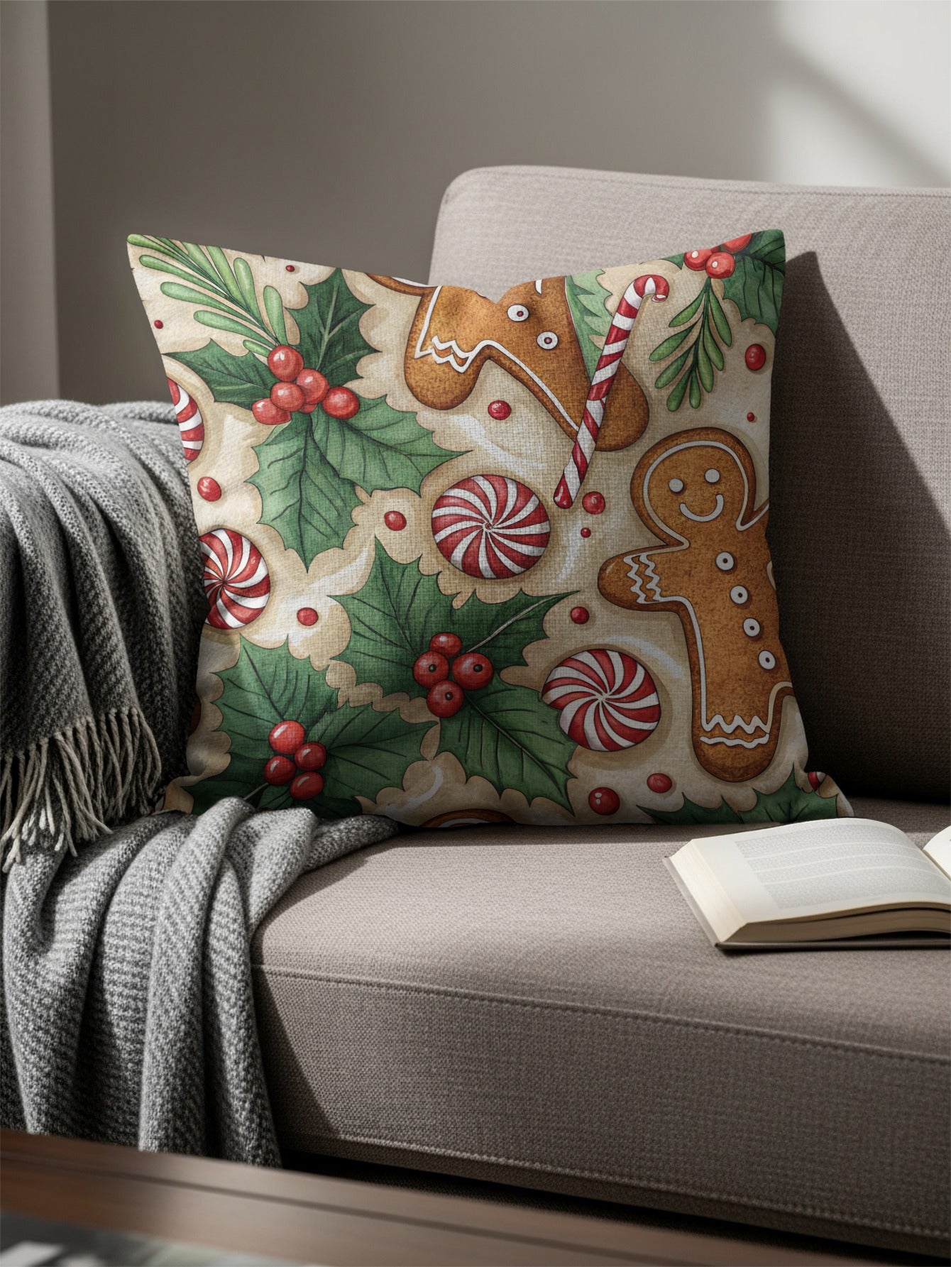 Gingerbread Man and Candy Holiday Themed Pattern Throw Pillows - Walk Greener