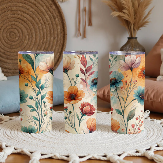 Watercolor Floral Pattern Botanical 20 oz Skinny Tumbler - Walk Greener