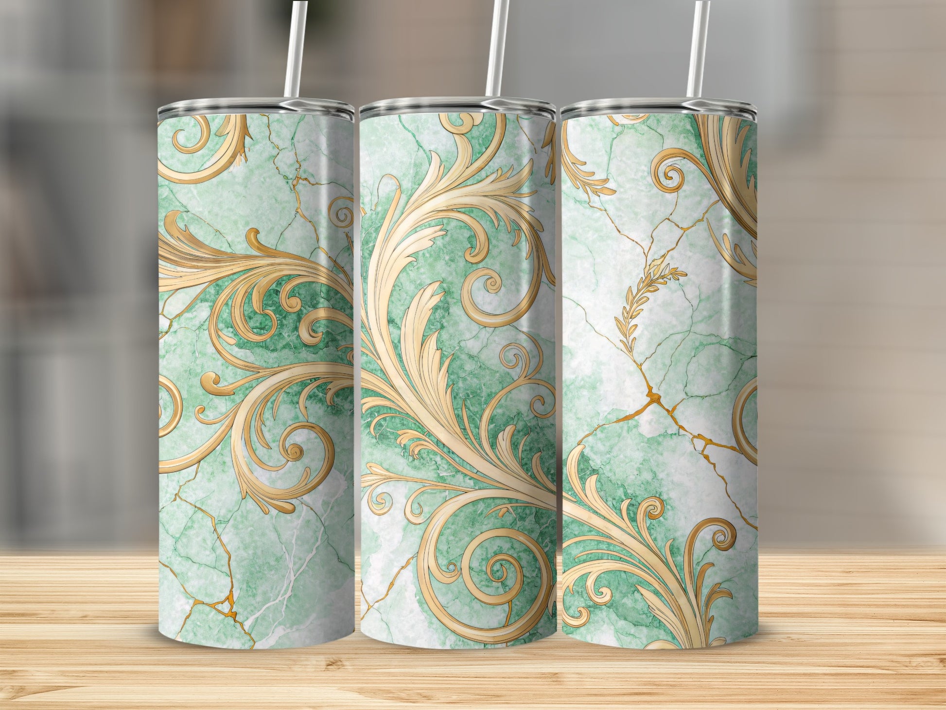 Elegant Green and Gold Marble Design Tumbler Product