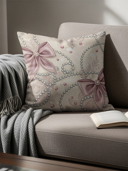 Elegant Pink Bow and Pearls Decorative Pillow Product