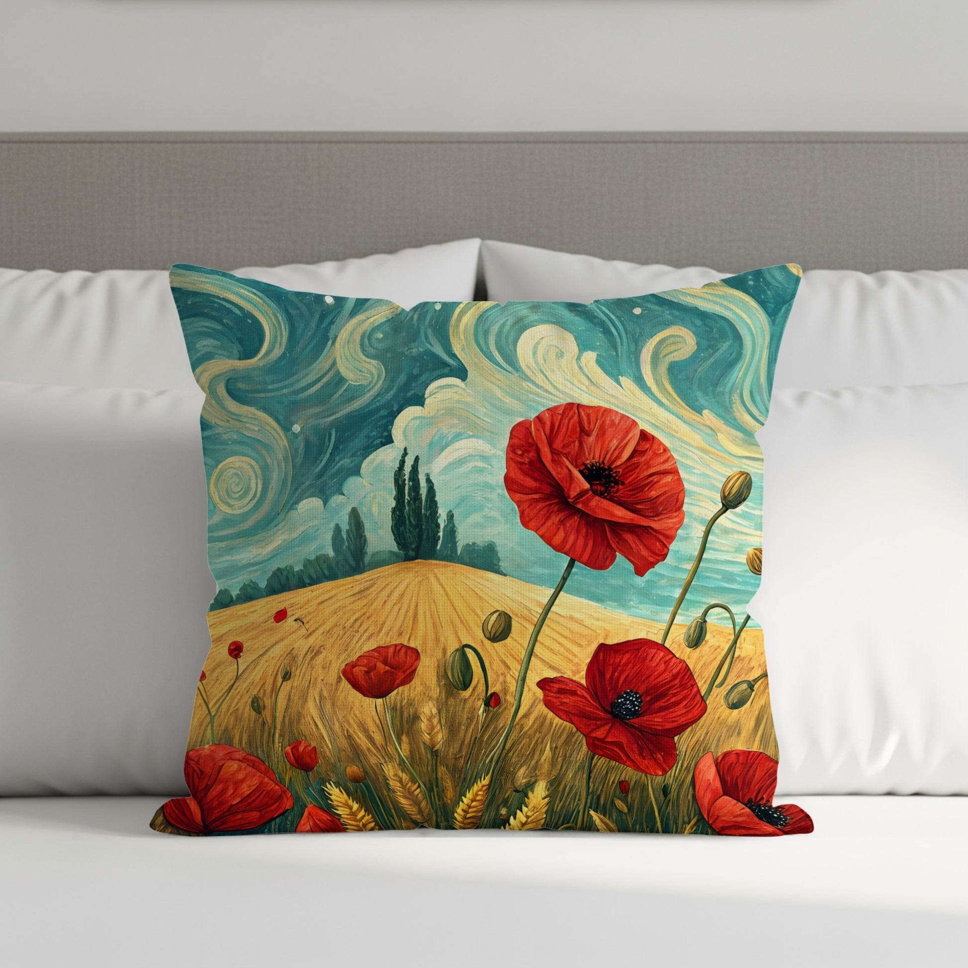 Red Poppies in Wheat Field and Blue Sky Painting Throw Pillows - Walk Greener