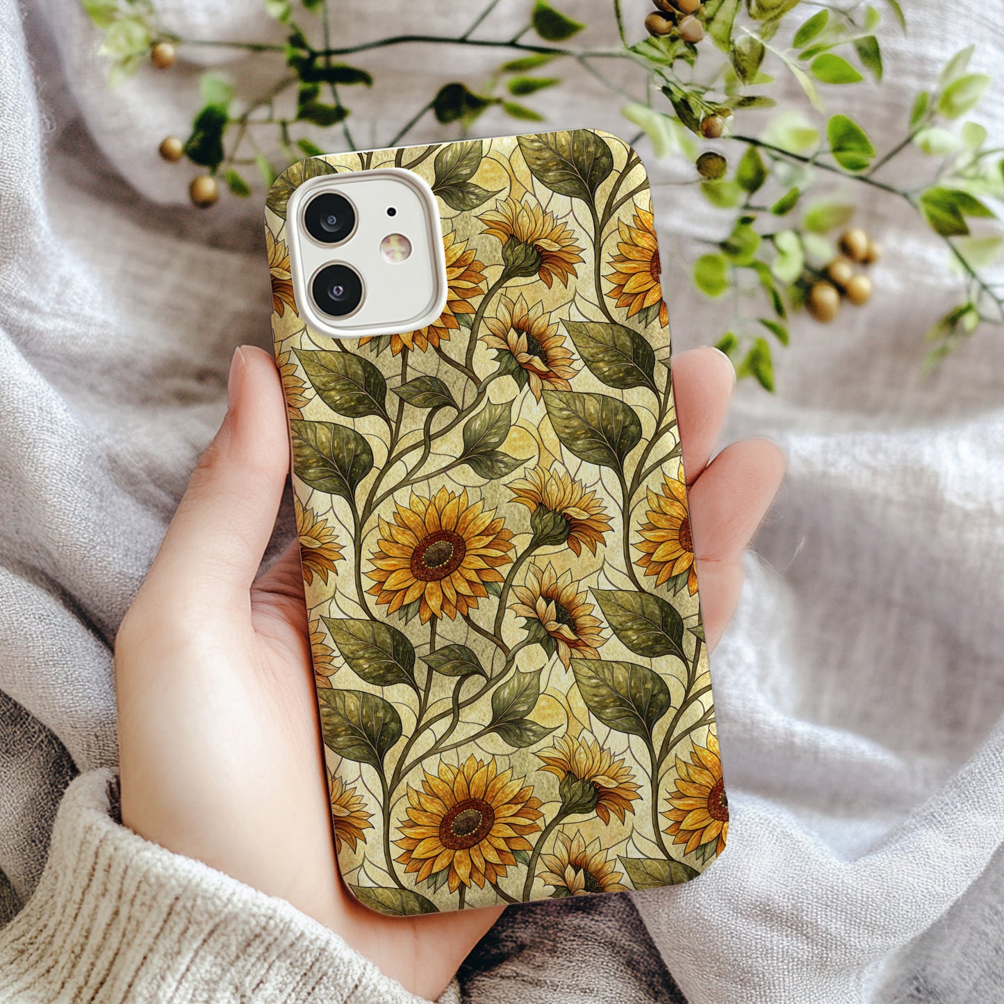 Sunflower Pattern Phone Case with Leafy Vines
