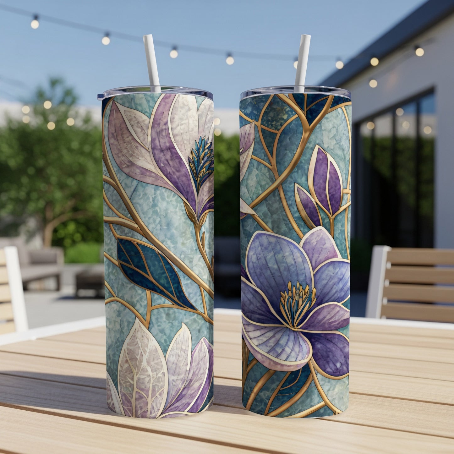 Floral Elegance Blue and Purple Magnolias 20 oz Skinny Tumbler - Walk Greener