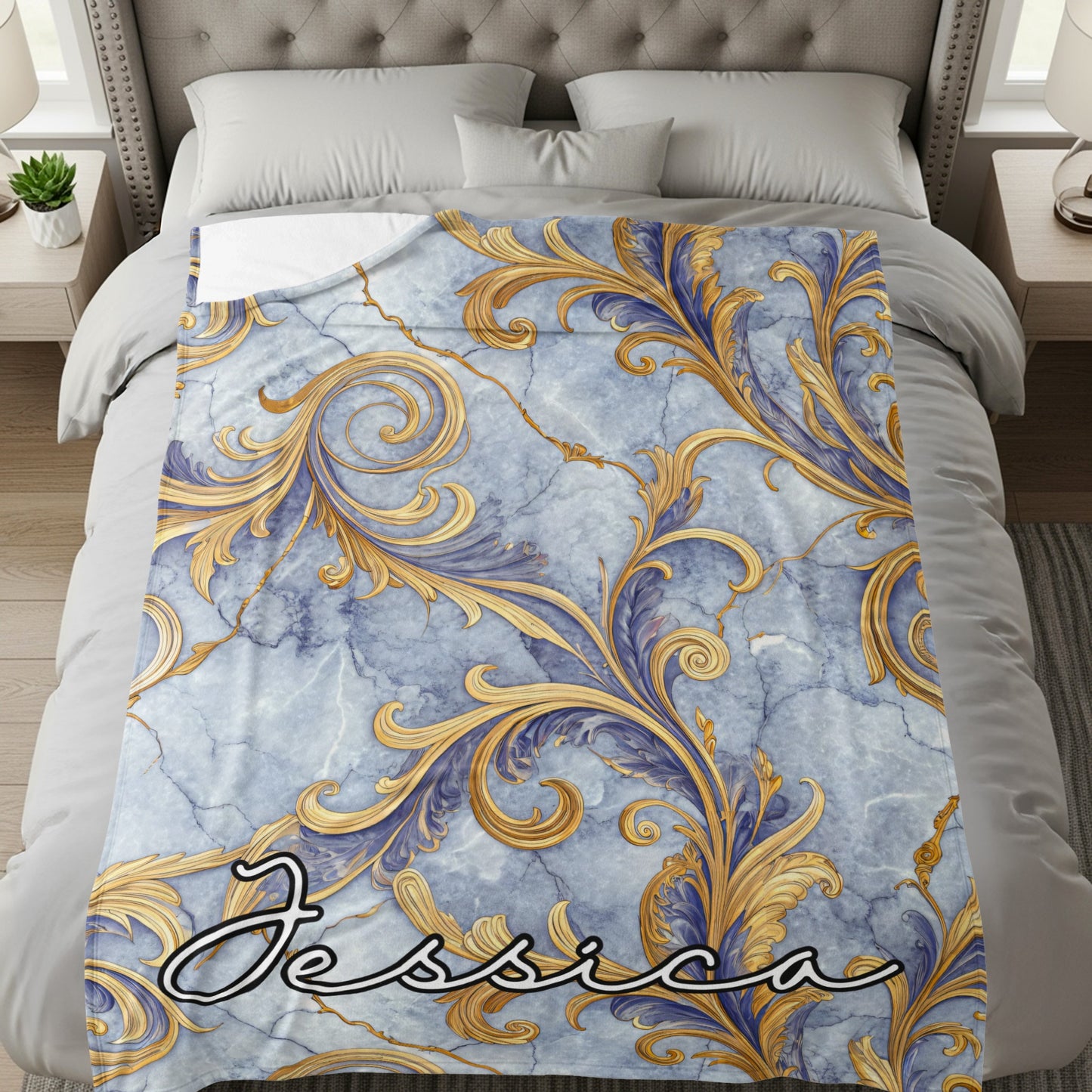 Elegant Blue Marble Golden Accents Custom Name Personalized - Walk Greener