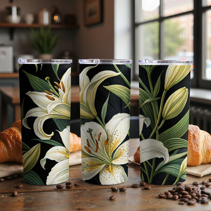 White lily floral tumbler displayed on a woven rug in a boho-styled home setting