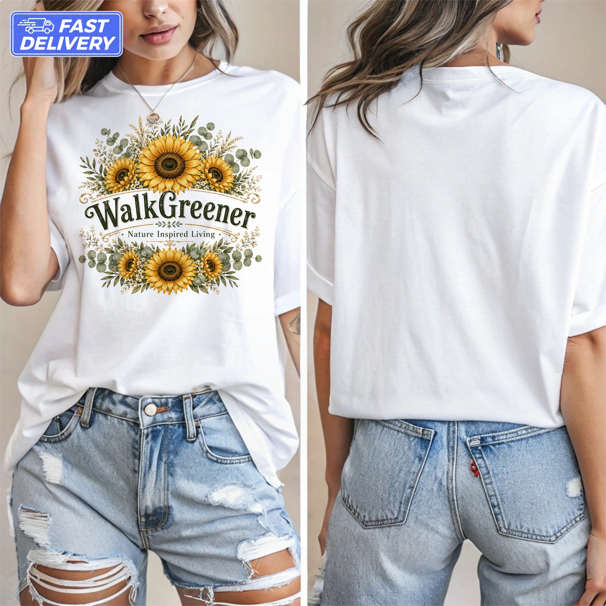 White t-shirt featuring sunflowers and the text "WalkGreener, Nature Inspired Living".