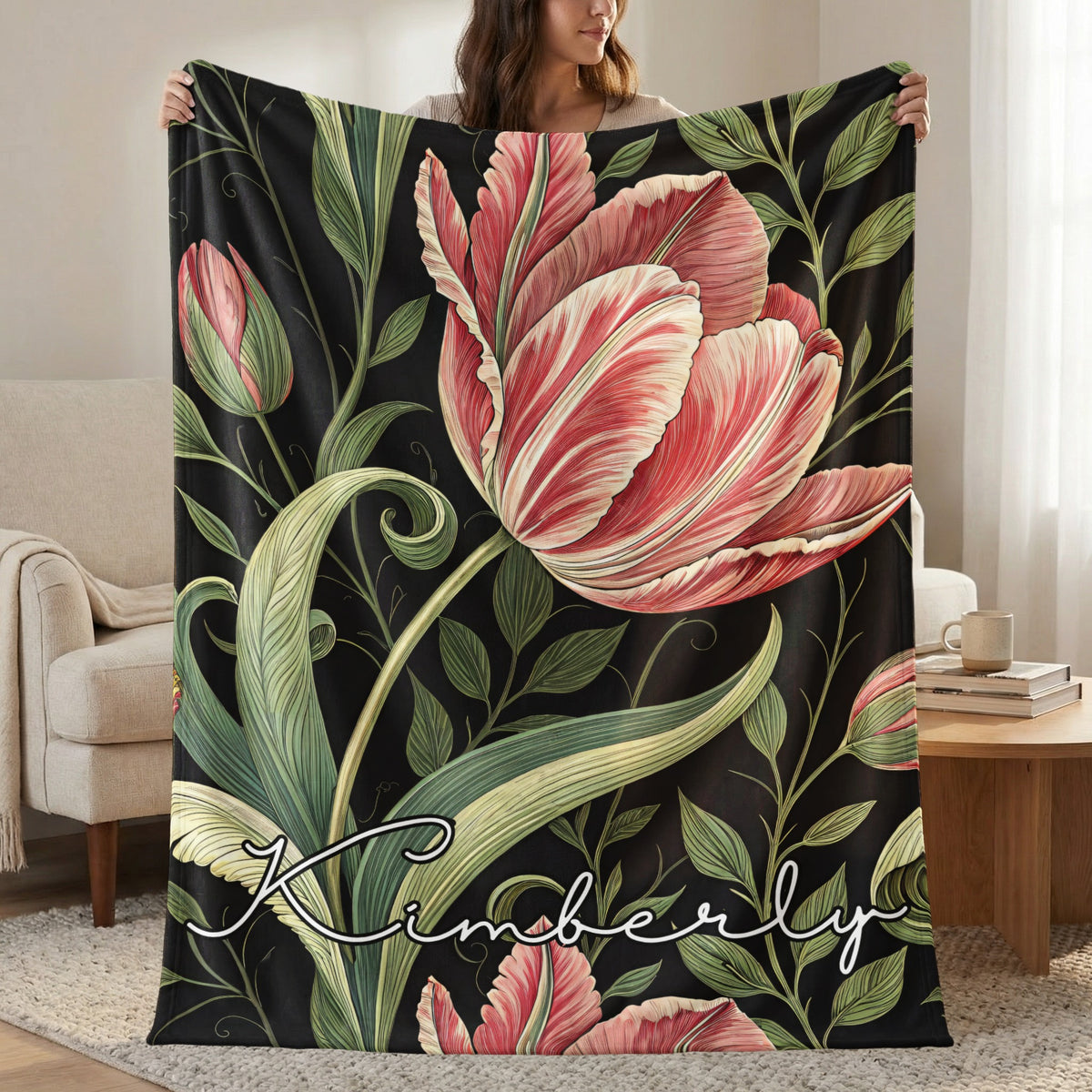 Personalized Floral Design Blanket With Name Kimberly