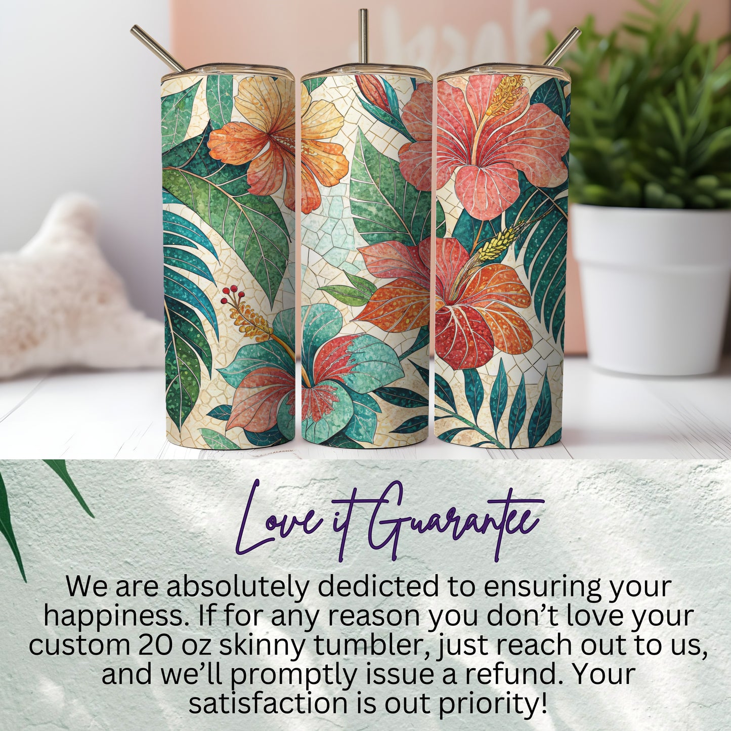 Hibiscus Flowers with Mosaic Background Illustration 20 oz Skinny Tumbler - Walk Greener
