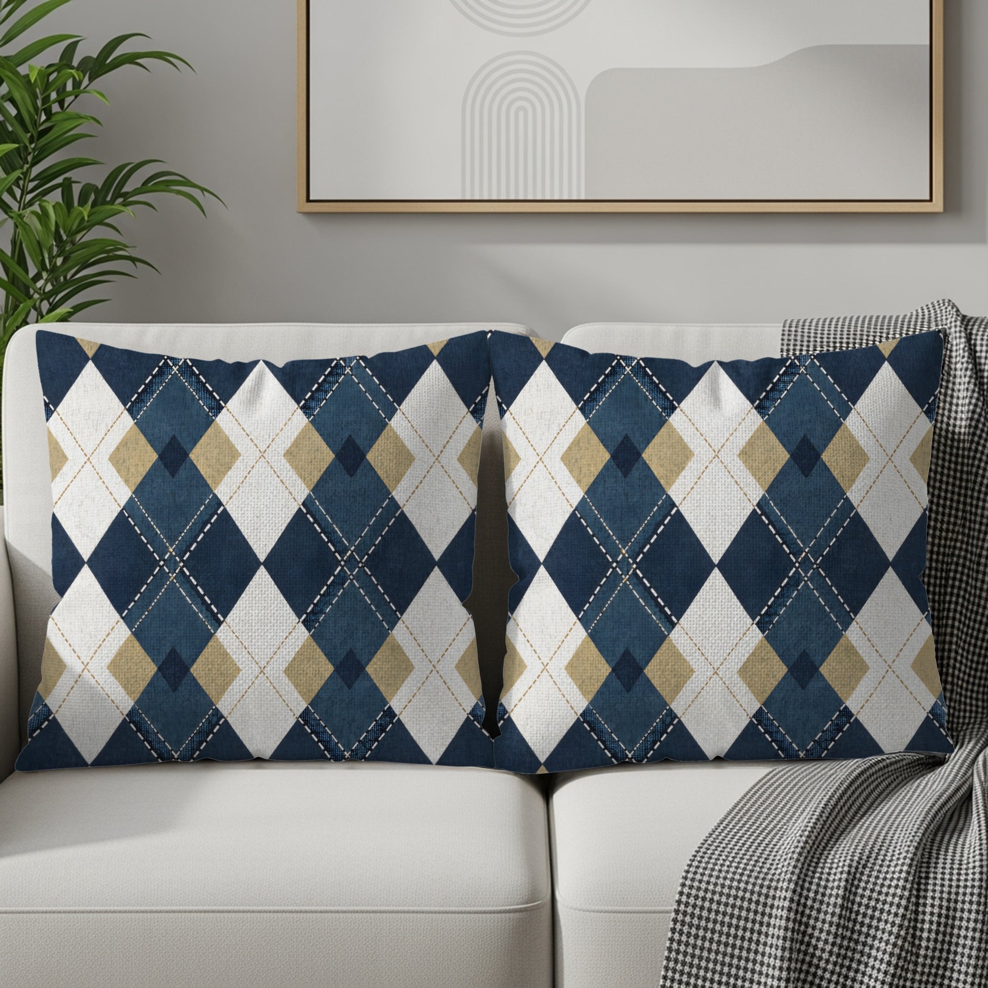 Blue and Beige Diamond Pattern Geometric Style Throw Pillows - Walk Greener