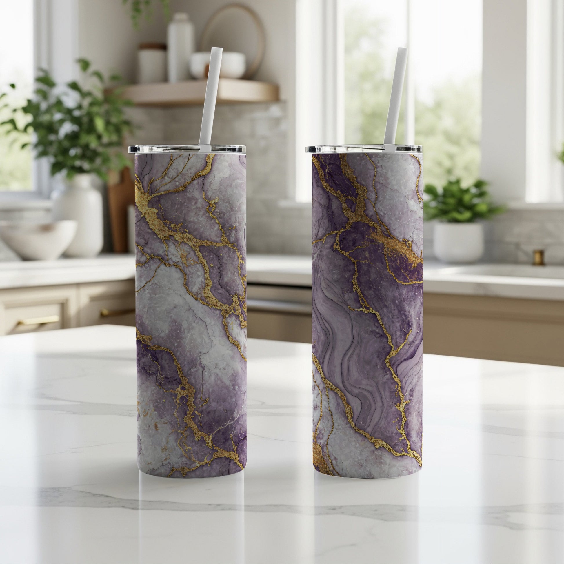 Elegant Purple Marble Patterned Tumbler Cup Set