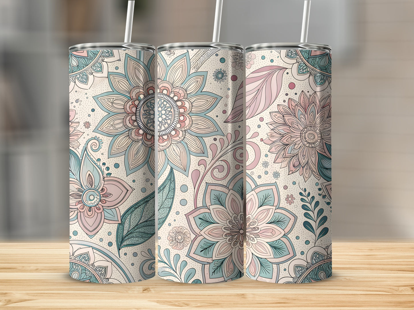 Floral and Leaves Pattern Insulated Tumbler