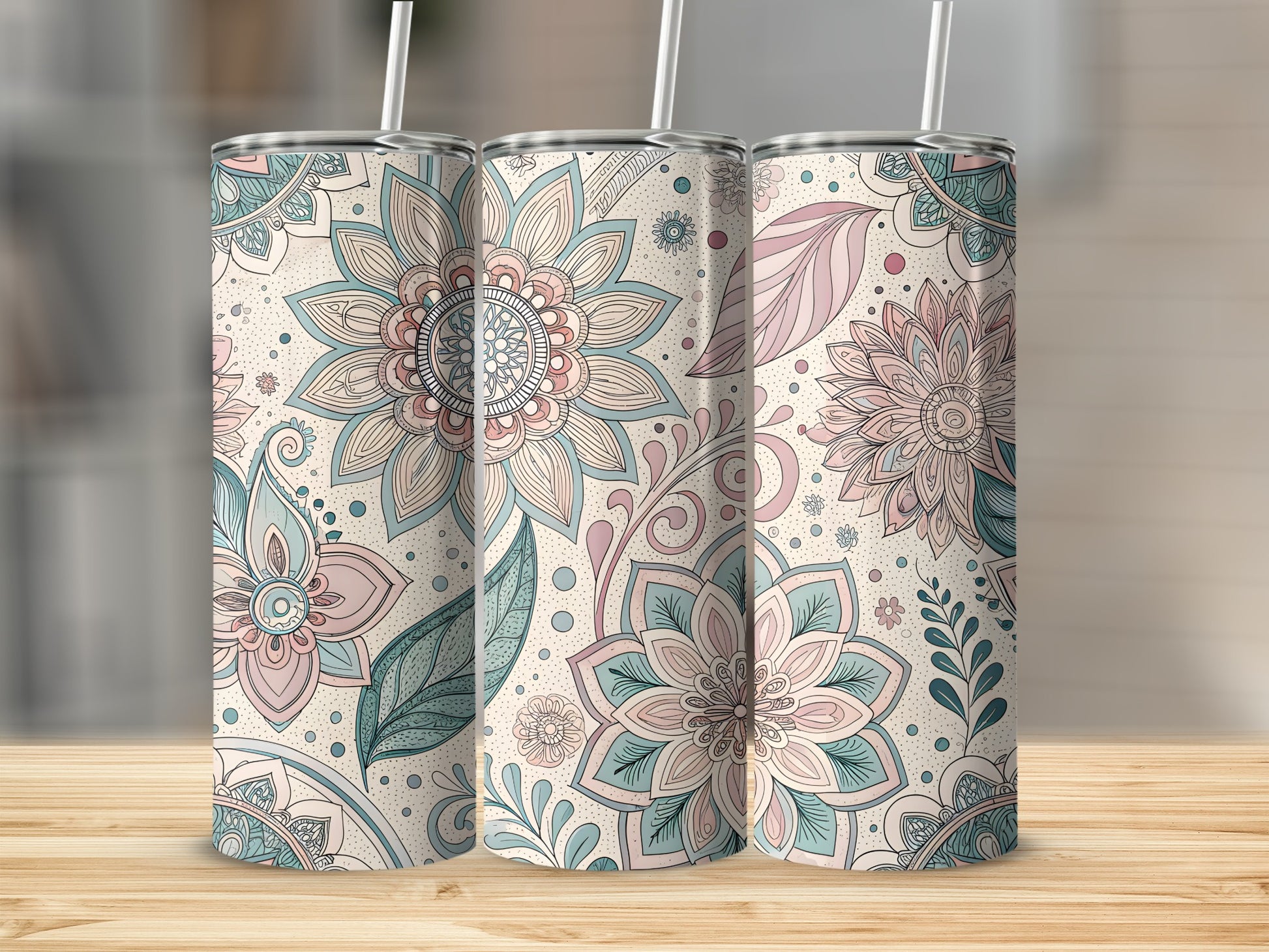 Floral and Leaves Pattern Insulated Tumbler