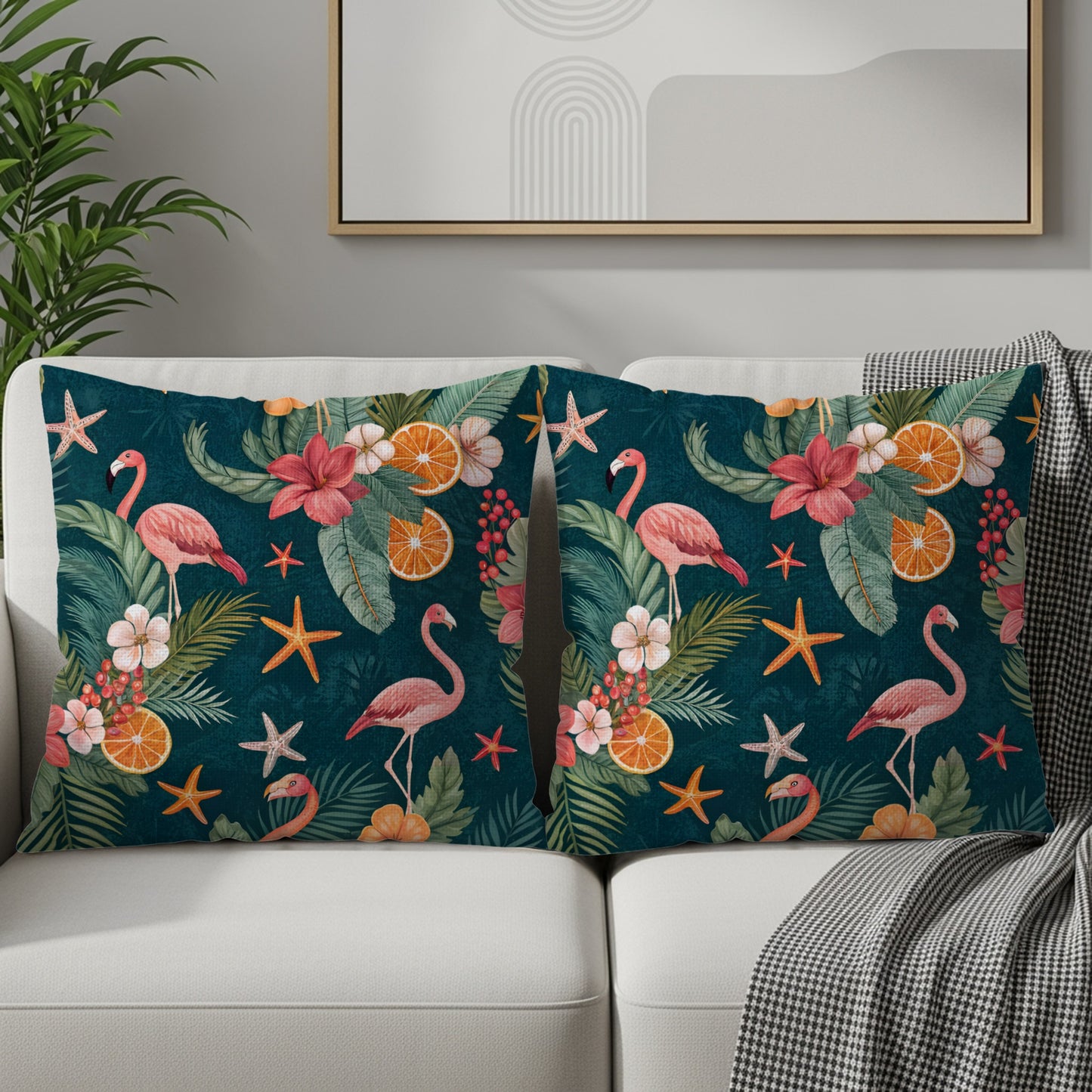 Tropical Flamingo and Starfish Decorative Pillow Cover