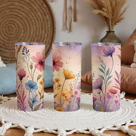 Watercolor Flowers Design Pink Orange Blue 20 oz Skinny Tumbler - Walk Greener
