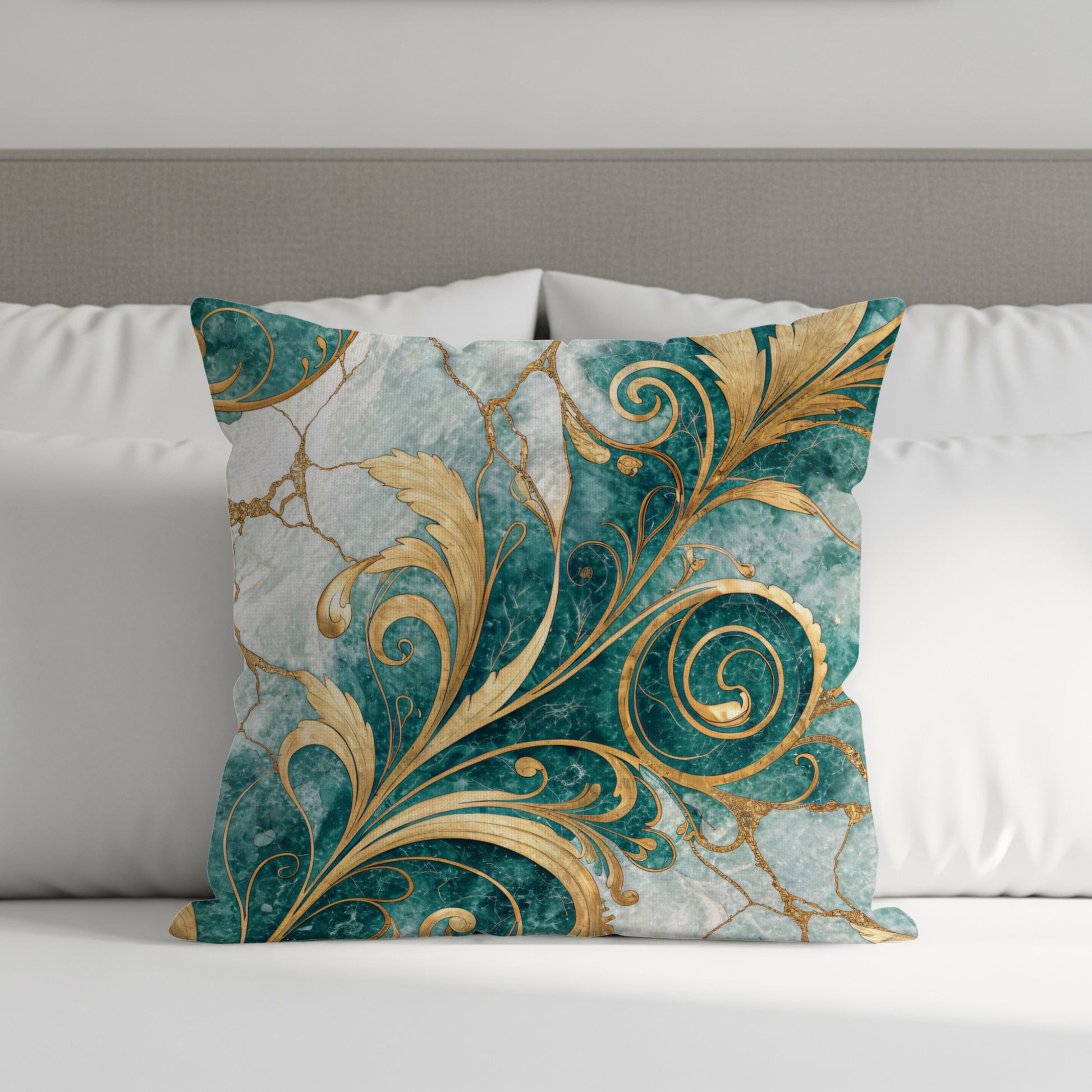 Teal and Gold Floral Pattern Elegant Decorative Floral Throw Pillows - Walk Greener