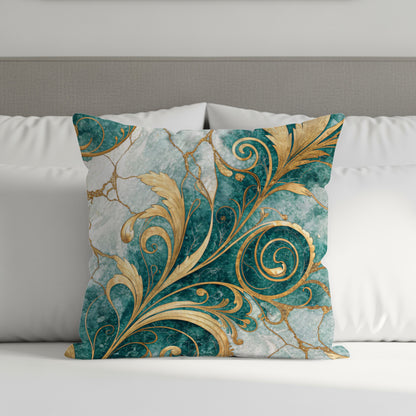 Teal and Gold Floral Pattern Elegant Decorative Floral Throw Pillows - Walk Greener