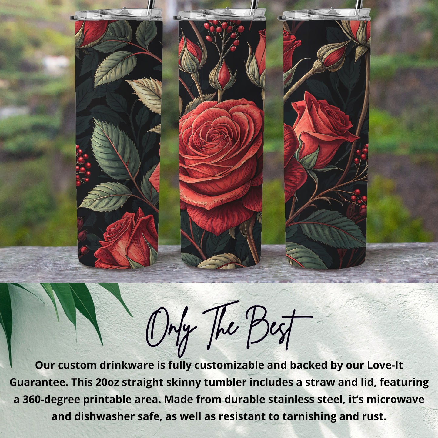 Floral Red Roses on Black Skinny Tumbler Product