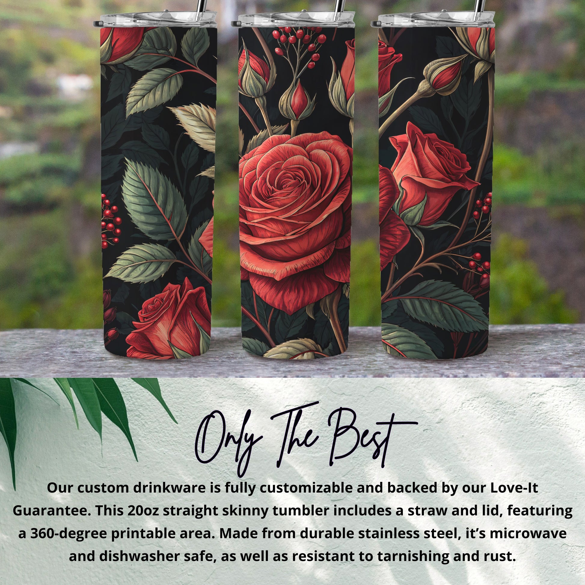 Floral Red Roses on Black Skinny Tumbler Product