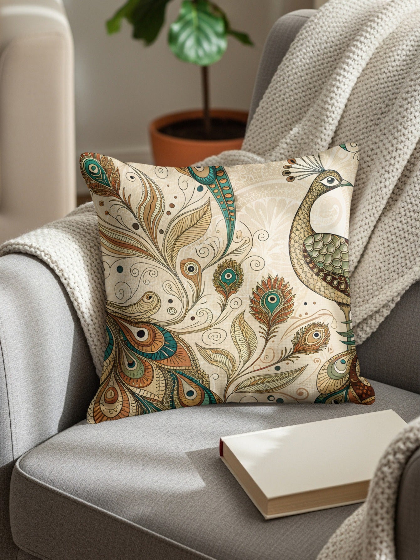 Colorful Peacock and Feathers Throw Pillow Product