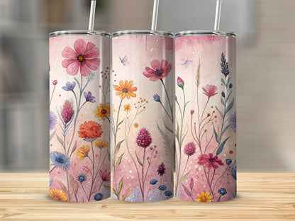Watercolor Meadow Flowers and Butterflies 20 oz Skinny Tumbler - Walk Greener