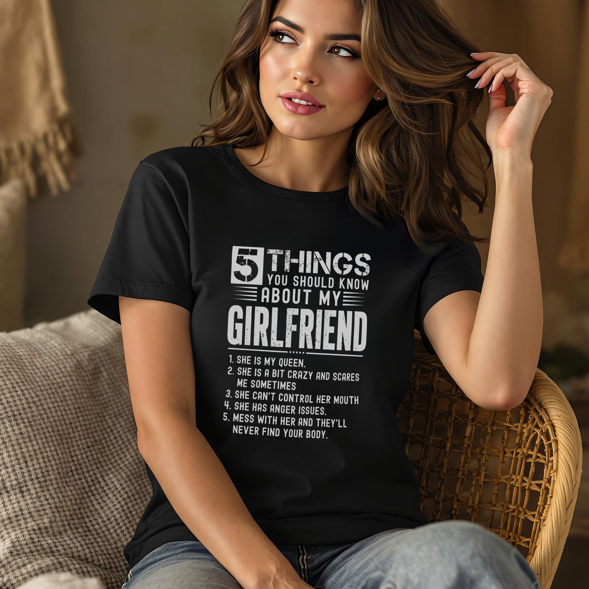 Black t-shirt with "5 Things You Should Know About My Girlfriend" text.