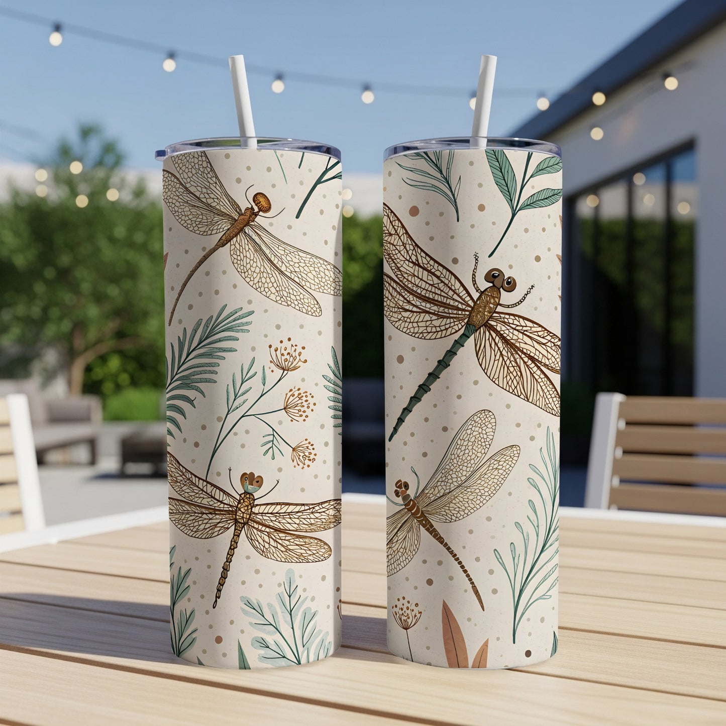 Dragonfly Patterned Tall Tumbler with Straw Cup