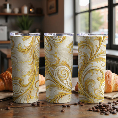 Elegant Gold and White Swirl Print Tumbler Product