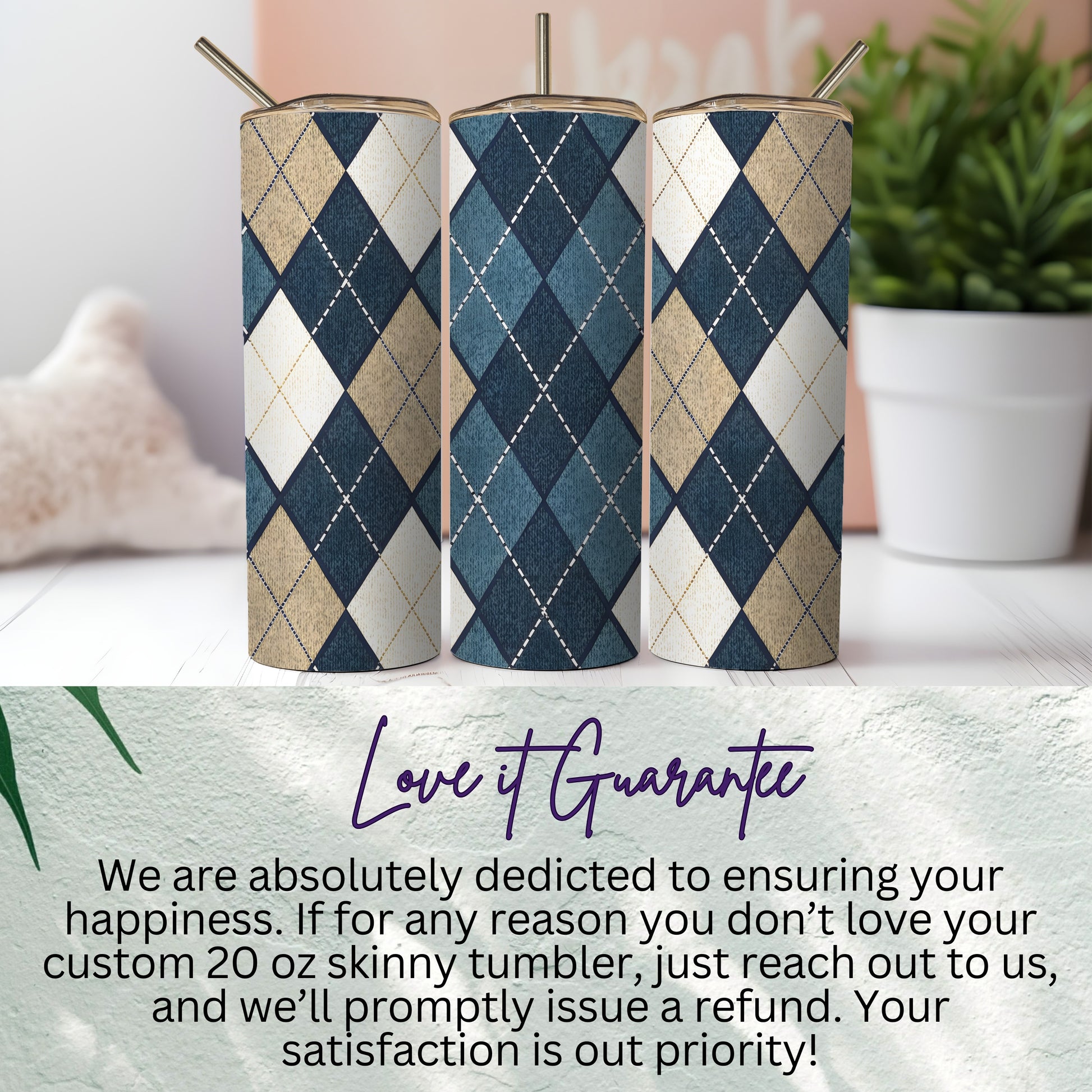 Custom 20 oz Skinny Tumbler with Argyle Design