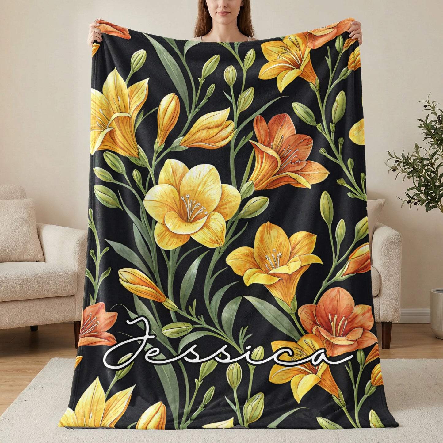 Personalized Jessica Floral Yellow Blanket