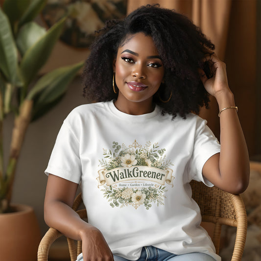 Woman wearing white t-shirt with "WalkGreener Home Garden Lifestyle" floral logo.